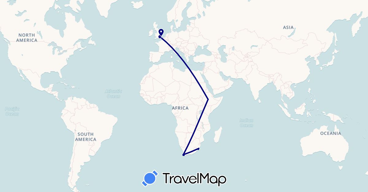 TravelMap itinerary: driving in Ethiopia, United Kingdom, South Africa (Africa, Europe)